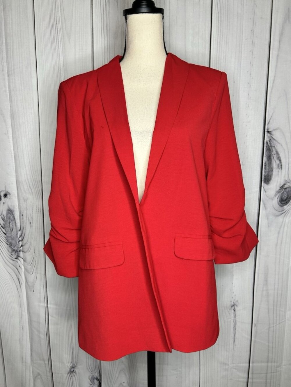 JODIFL Red Open Front Short Blazer Jacket 3/4 Ruched Sleeve Pockets Size M